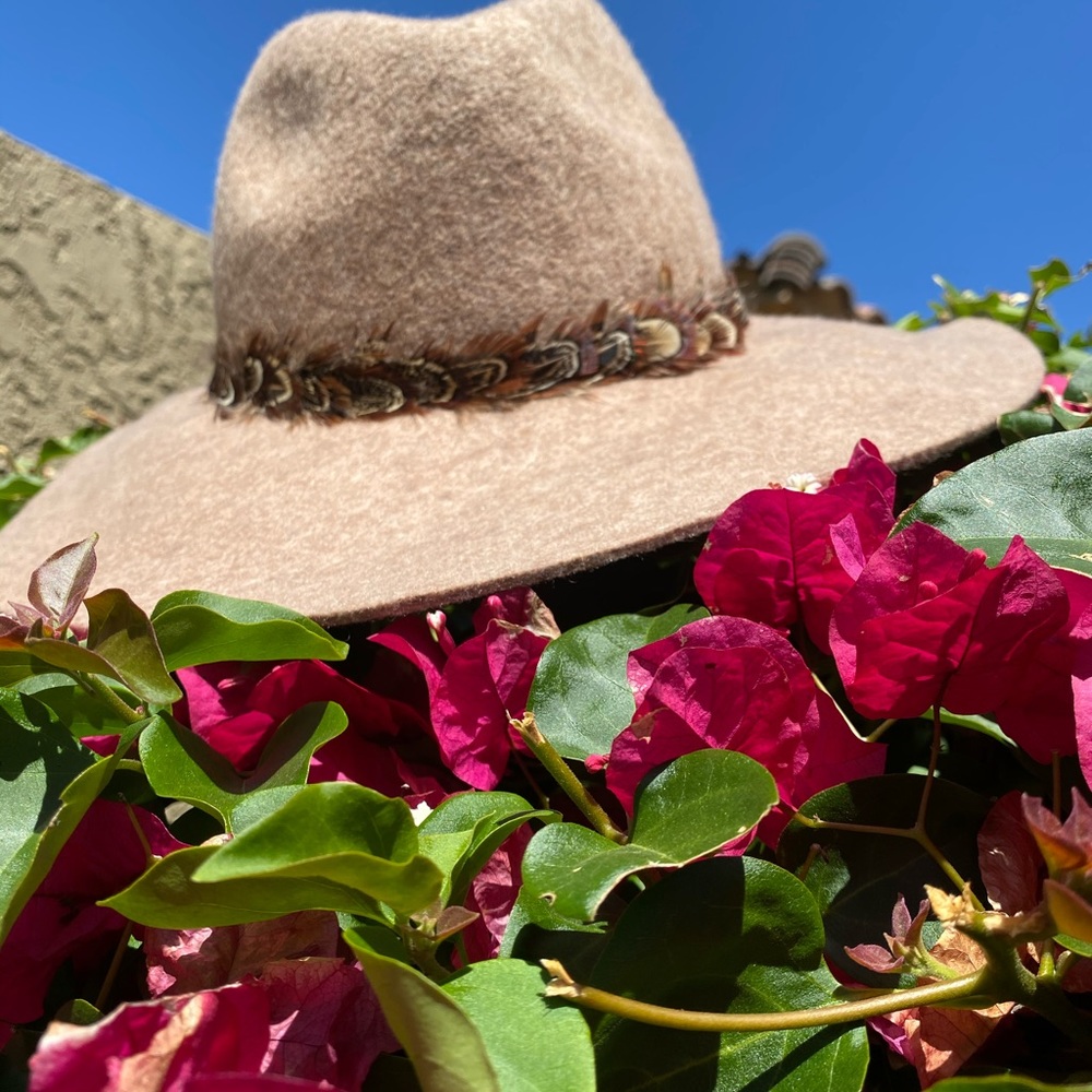 Tan brunch hat with feather details